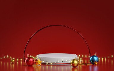 Red Podium Curtain Christmas Light Decoration New Year Product Display Template Mockup 3D Render © natanaelginting
