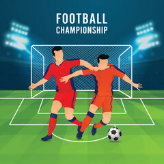 Football Championship Poster Design With Faceless Footballer Players Of Participating Team On Blue And Green Stadium Background.