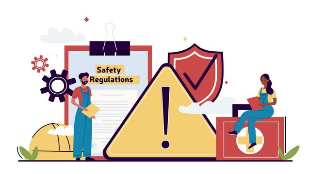 Occupational safety video concept. OSHA metaphor. Moving man conducts safety and health instruction during work for employees. Rules and recommendations. Flat graphic animated cartoon doodle style
