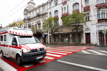 2022 November Bratislava, Slovakia: Red crosswalk on the road, elevated pedestrian crossing