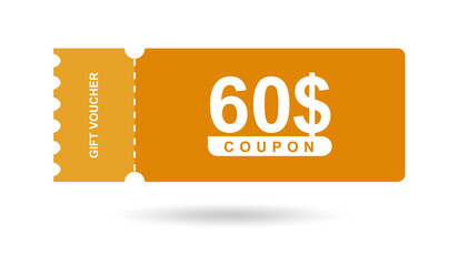 Gift voucher 60$. Coupon 60$ sale for website, internet ads, social media. Discount gift voucher, beautiful design. Big sale and super sale vector illustration