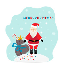 Santa Claus with the bag of presents. Vector Christmas card in cartoon style. For Christmas and New year posters, tags and cards.