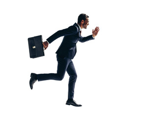 Excited businessman running with a briefcase on a transparent background
