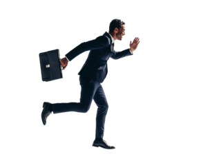 Excited businessman running with a briefcase on a transparent background