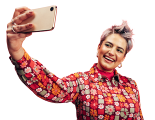 Woman with short hair taking a selfie on a transparent background
