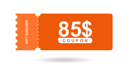 Gift voucher 85$. Coupon 85$ sale for website, internet ads, social media. Discount gift voucher, beautiful design. Big sale and super sale vector illustration