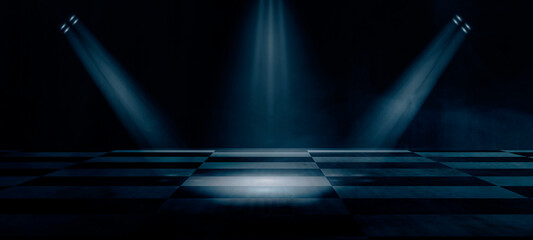 Empty dark abstract cement wall and studio room with smoke float up interior texture for display products wall background.