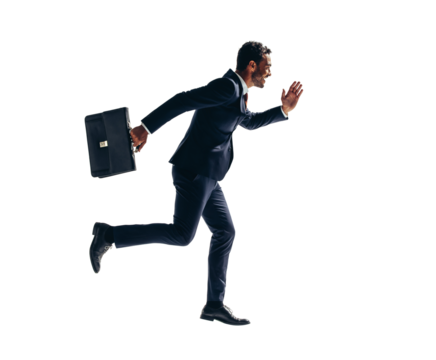 Excited businessman running with a briefcase on a transparent background