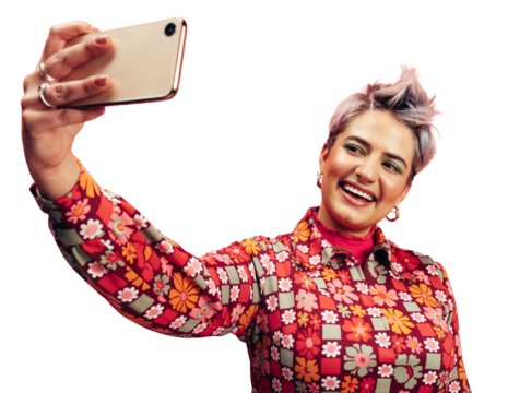 Woman with short hair taking a selfie on a transparent background