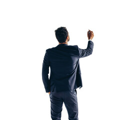 Rearview of a corporate businessman writing on a transparent background
