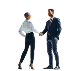 Two happy business people shaking hands on a transparent background