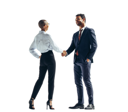 Two happy business people shaking hands on a transparent background