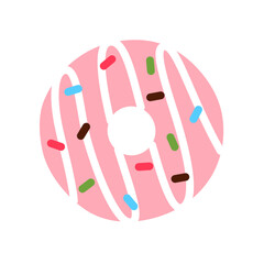 Flat pink donut decorated with colorful sprinkles. Tasty baked unhealthy frosting dessert isolated on white background. Glazed doughnut top view art. Delicious junk food creative vector illustration.