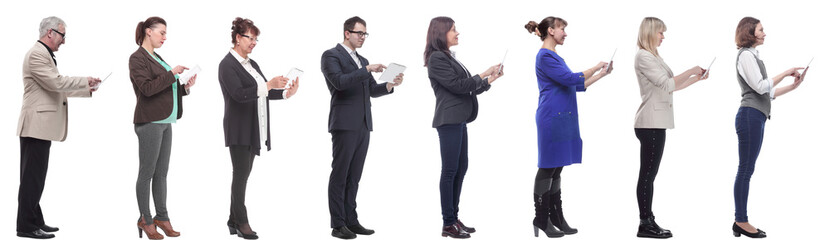 group of people holding tablet and looking ahead