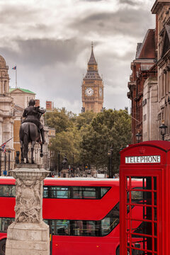 View from the Trafagar square to Big Ben with double decker bus and booth in London, England, UK © Tomas Marek