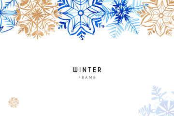 Fototapeta premium Winter watercolor background with blue and golden snowflakes on white.
