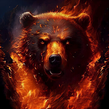 Burning flame, angry bear, head of the animal. Forest, hicking, print for t-shirt