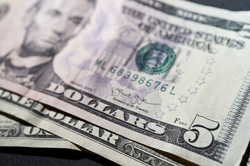 detail photograph of various five dollar bills