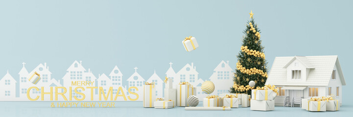 Christmas sparkling bright tree with star. Merry Christmas and Happy New Year. cloud sky and house objects, light garlands, bauble ball, Gift box, surprise, gold confetti. blue pastel 3d rendering