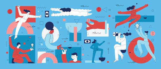 Creative team creating new, building abstract structure, working under corporate project. Business and creativity process, teamwork concept. Flat vector illustration