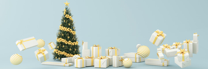 Christmas sparkling bright tree with star. Merry Christmas and Happy New Year. cloud sky and house objects, light garlands, bauble ball, Gift box, surprise, gold confetti. blue pastel 3d rendering