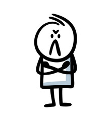Doodle sullen man with crossed arms looks on us accusingly.