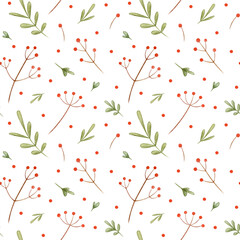 Watercolor Seamless Pattern with Red Berry and green Leaves on white Background. Botanical Backgrop for design