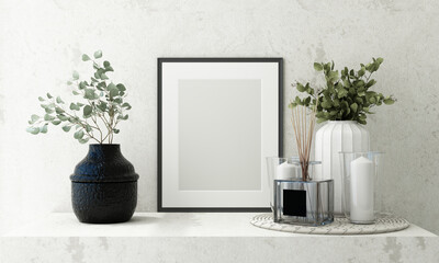 Mockup poster frame close up on light gray concrete cement wall with white flowers green leaf and surrounding by decoration mock up. 3D render