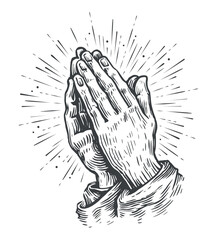 Sketchy praying hands with sunburst. Two hands in prayer pose. Worship, pray symbol. Sketch vintage vector illustration