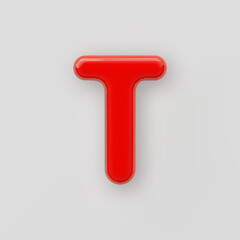 3D Red plastic uppercase letter T with a glossy surface on a gray background.