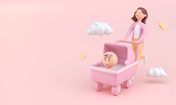 Mom Walking Her Baby in a Stroller. 3D Illustration