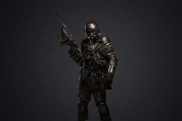 Portrait of isolated on grey stalker surviving in post apocalypse.