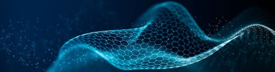 Abstract wave of connected hexagons. Futuristic polygonal background. Artificial intelligence. Big data technology. 3d rendering