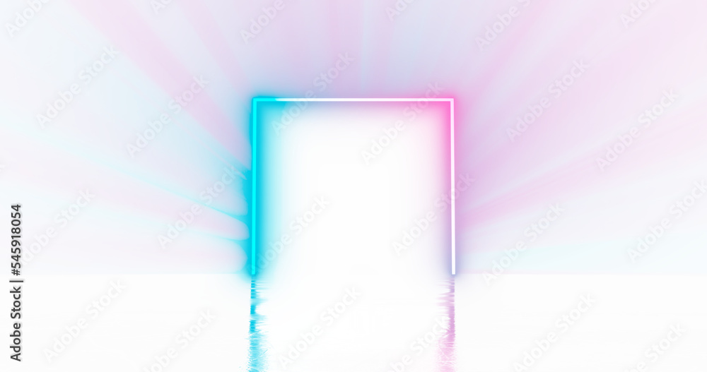 Poster neon light lines on png transparent background with reflection on the floor. neon frame for your des