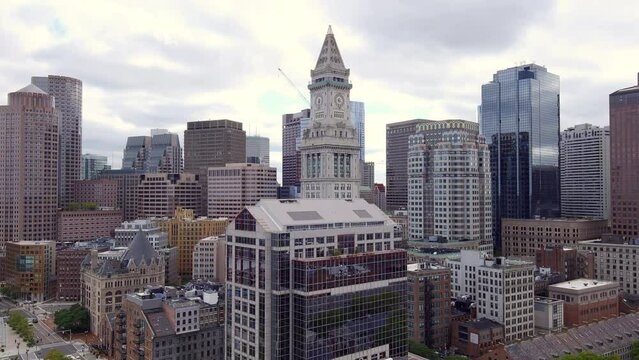 Ascending Shot Of The Custom House Tower In The Financial District Neighborhood Of Boston In Massachusetts, USA. aerial drone