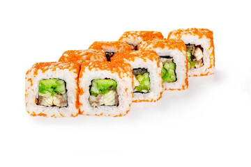 California rolls with eel fillet, cucumbers and avocado topped with flying fish roe