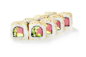 California rolls with tuna fillet, cucumbers and avocado topped with sesame