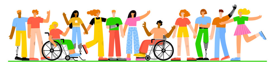 Multiracial group of happy people with disabilities. A set of different people with prosthetic arms, legs, in a wheelchair. Flat vector illustration