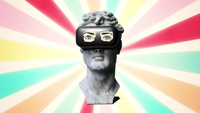 The head of a greek statue wearing a virtual reality headset and a pair of cutout female eyes on it, moving in a funny way. Shiny vaporwave backdrop of rotating rays.
