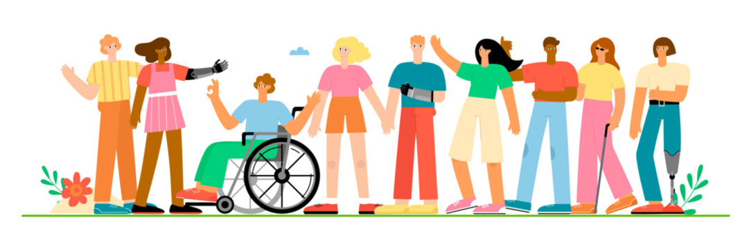 A group of happy men and women with disabilities, in a wheelchair, with a prosthesis. Set of different people. Flat vector illustration