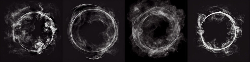 Smoke rings. Abstract realistic vape round symbol. Steam frame after cigarette, pipe or hookah smoking. Puffing, realistic fog flowing in round border - 545919638