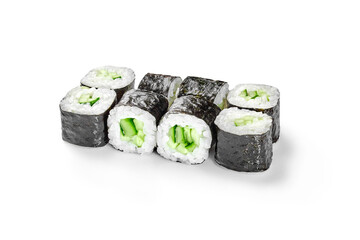 Pieces of vegetarian norimaki rolls with cucumbers wrapped in rice and nori