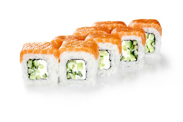 Philadelphia rolls with cream cheese and cucumbers topped raw salmon fillet