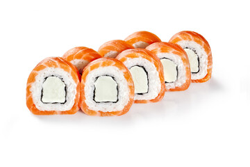 Classic Philadelphia sushi rolls with cream cheese wrapped in salmon fillet