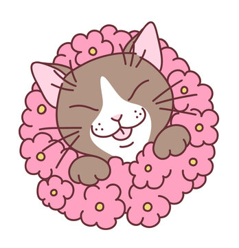 Cute cartoon cat in pink flowers vector illustration. Doodle cartoon cats series.
