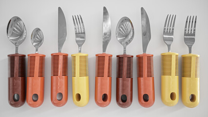 Ergonomic cutlery for the elderly, with arthritis, Parkinson's, apoplexy and the disabled - 3D Rendering - obrazy, fototapety, plakaty