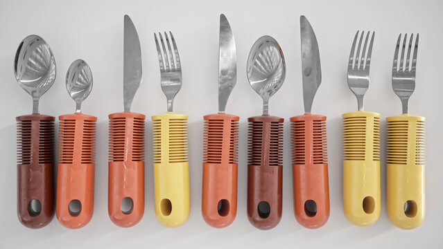 Ergonomic cutlery for the elderly, with arthritis, Parkinson's, apoplexy and the disabled - 3D Rendering