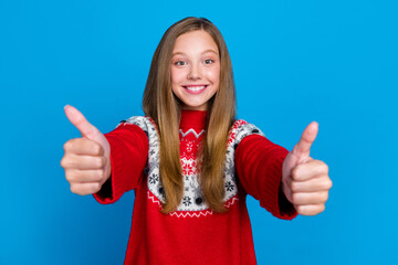 Photo of cheerful lovely lady demonstrate two hands thumbs up enjoying cool party weekend event isolated on blue color background