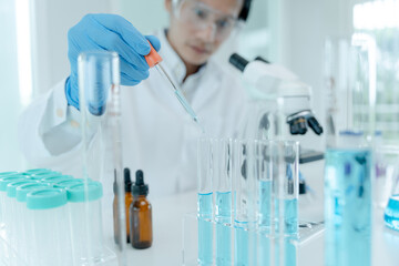 Scientist analyze biochemical samples in advanced scientific laboratory. Medical professional  look...