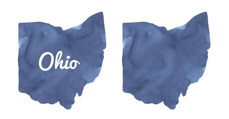 Water color illustration set of Ohio State Map in two variations: empty template and with text lettering. Hand painted watercolour drawing on white background, cut out clipart elements for design. - obrazy, fototapety, plakaty